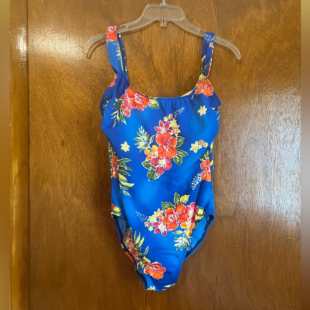 Lands’ End Women’s Blue with Floral Print One Piece Swimsuit